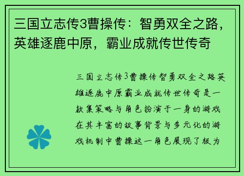 三国立志传3曹操传：智勇双全之路，英雄逐鹿中原，霸业成就传世传奇