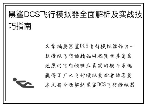 黑鲨DCS飞行模拟器全面解析及实战技巧指南