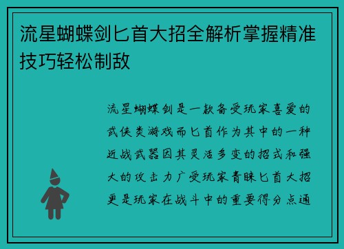 流星蝴蝶剑匕首大招全解析掌握精准技巧轻松制敌
